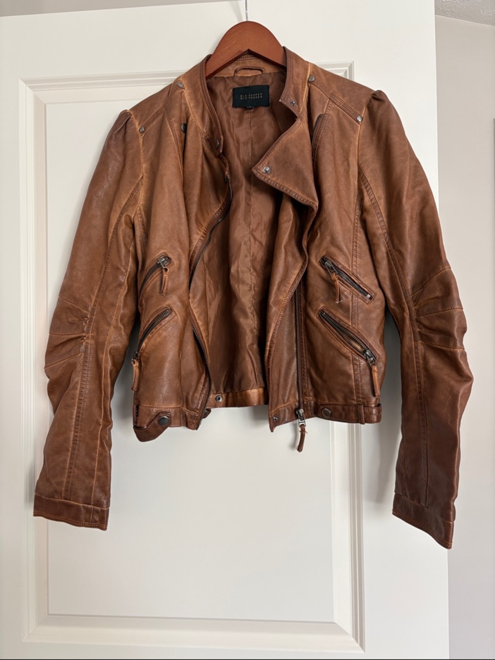 Blu Pepper Cognac Brown Leather Moto Jacket